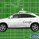 Image of driverless car by Google against a city grid background.